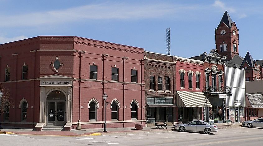 Main Street with historical buildings in Plattsmouth, Nebraska.