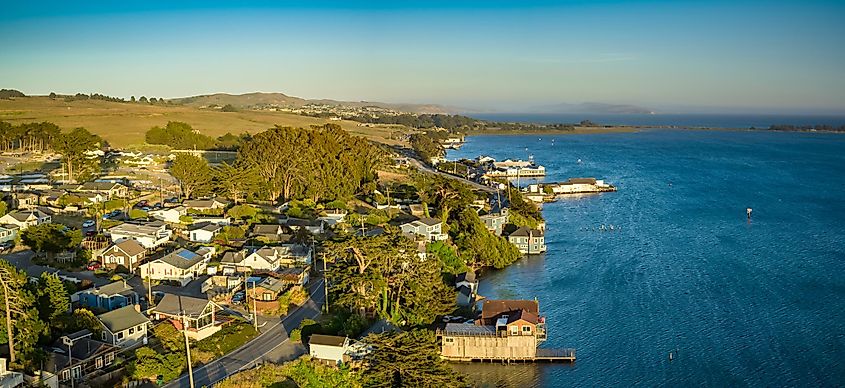 Aerial view of Bodega Bay at sunset