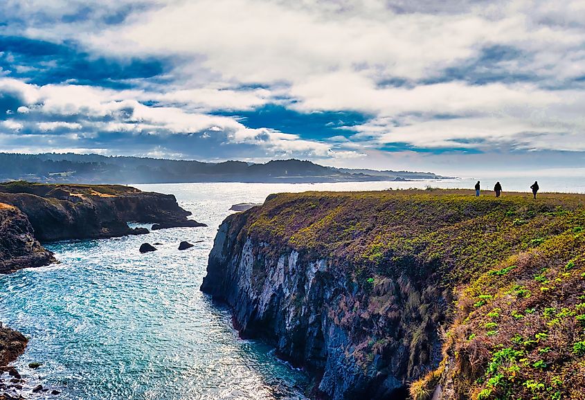 A majestic view of the bay cliffs and inlets of Mendocino, California.