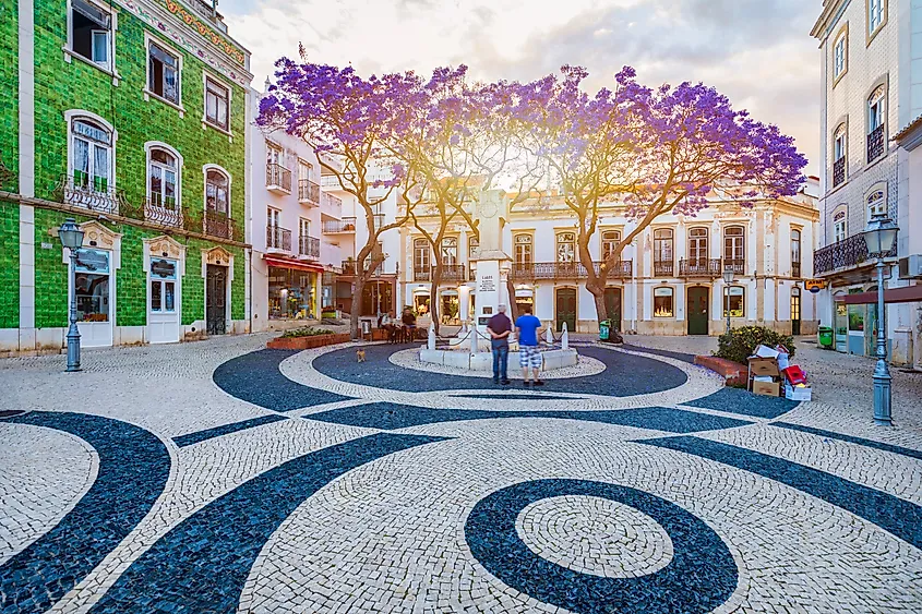 Street scene in the historic town center of Lagos, Portugal.