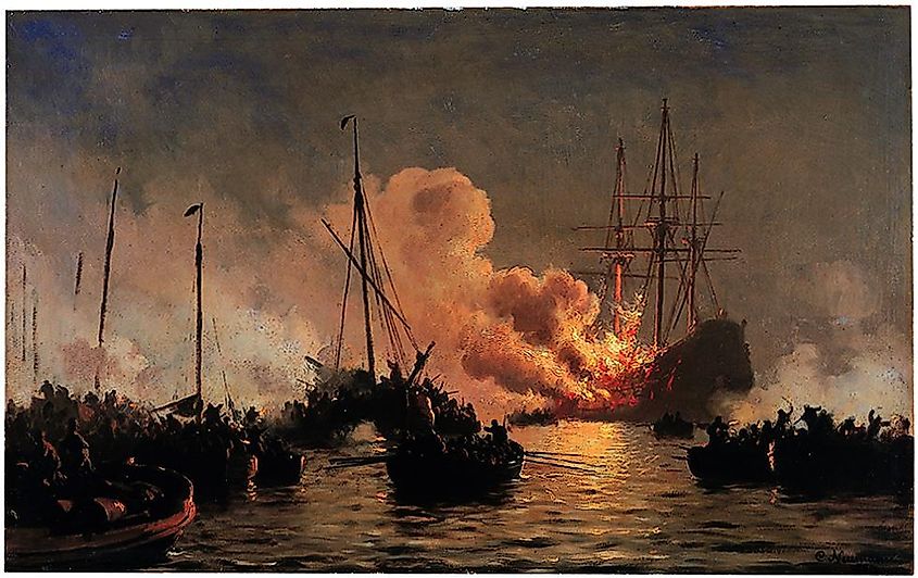 The Danish ship of the line Dannebrogen on fire during the battle of Køge Bugt, 1710