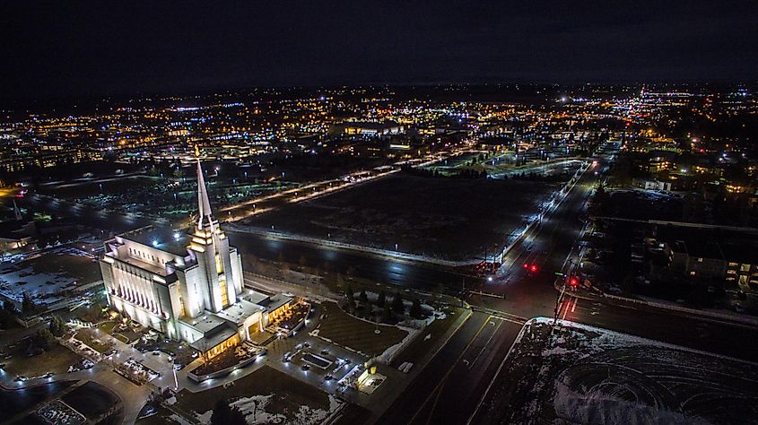 Cityscape featuring the Rexburg Idaho Temple in Rexburg, Idaho.