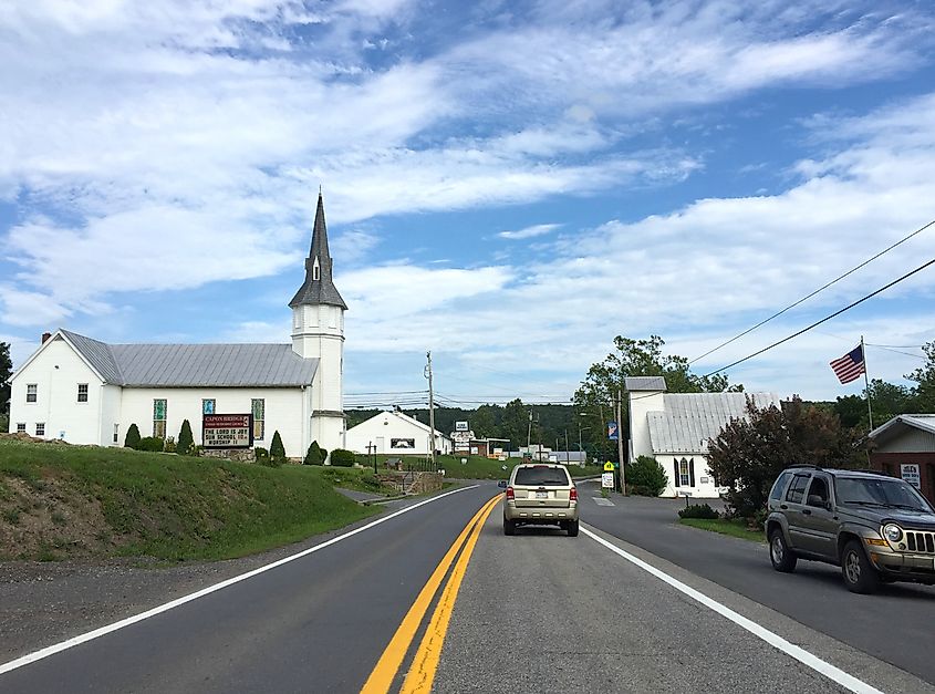 View east along US Route 50 in Capon Bridge, West Virginia
