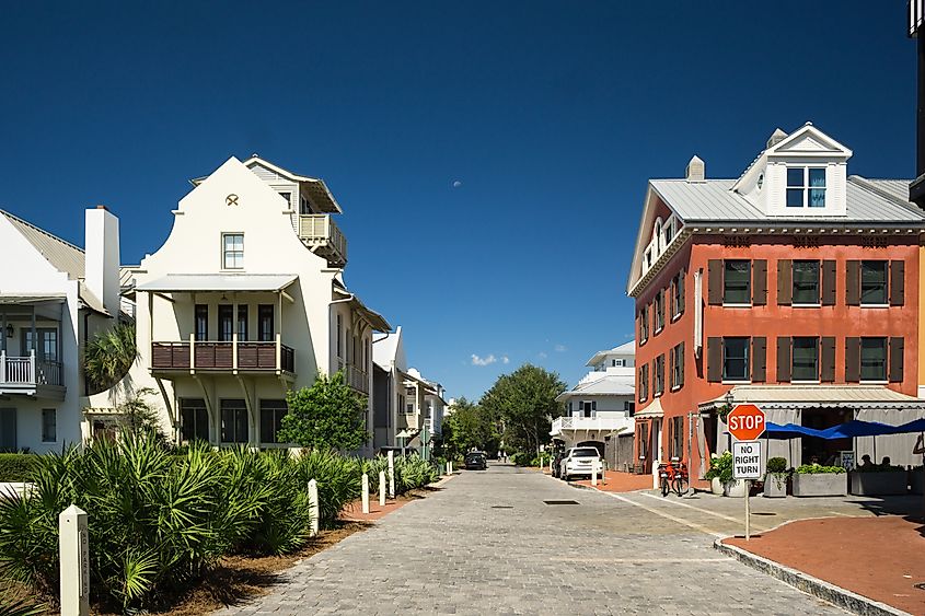 Rosemary, FL, US. September 11, 2025. Classic streetscape in Rosemary Beach, FL—one of the communities of Florida's Scenic Highway 30A.