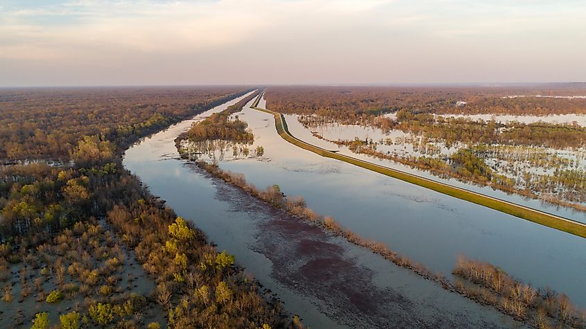 The Mississippi River flooding near Vicksburg, MS.