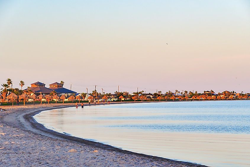 Beach view of Rockport, Texas at sunset. 