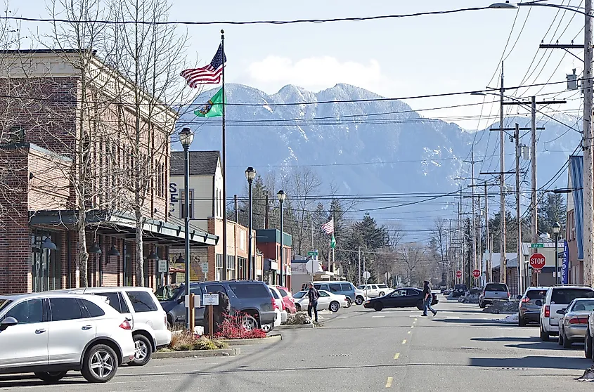 Main Street seen from 3rd Street in Sultan, Washington