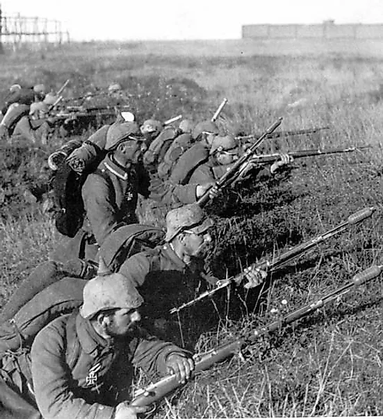 German soldiers (wearing distinctive pickelhaube helmets with cloth covers) on the front at the First Battle of the Marne 