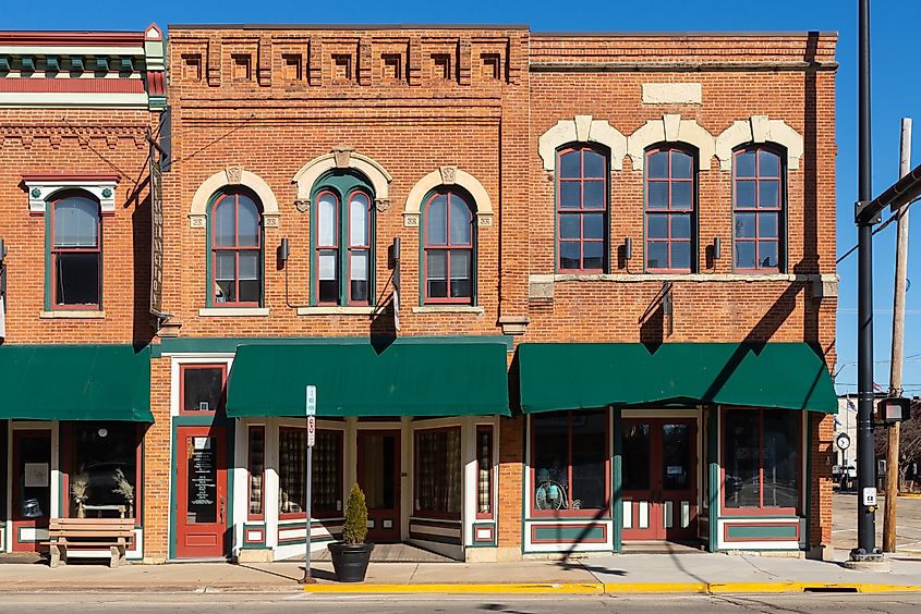Exterior of old building and storefront in downtown Oregon, Illinois.