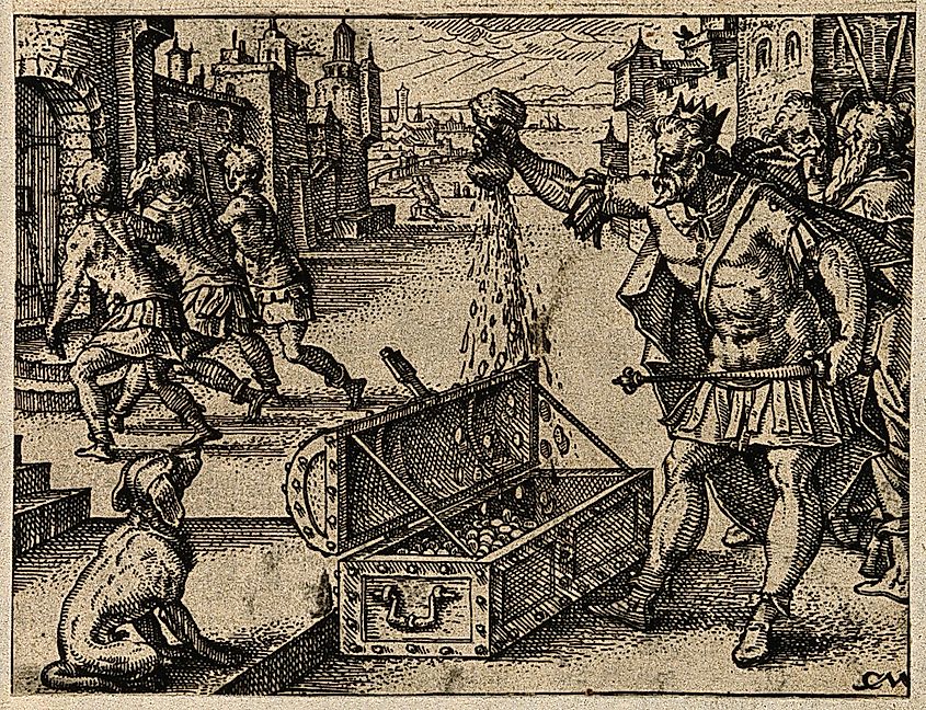 The Roman emperor Valens pours money into a coffe