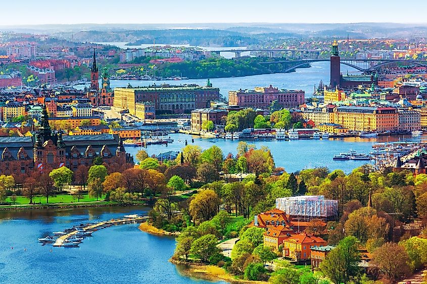 Scenic summer aerial panorama of the Old Town (Gamla Stan) pier architecture in Stockholm, Sweden