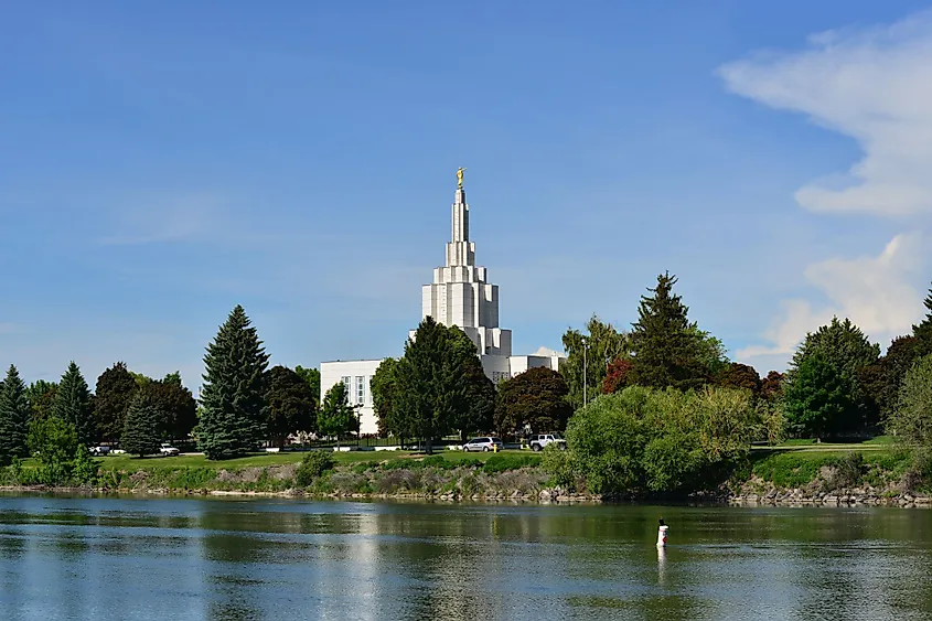 Idaho Falls Temple next to Snake River in Idaho Falls, Idaho