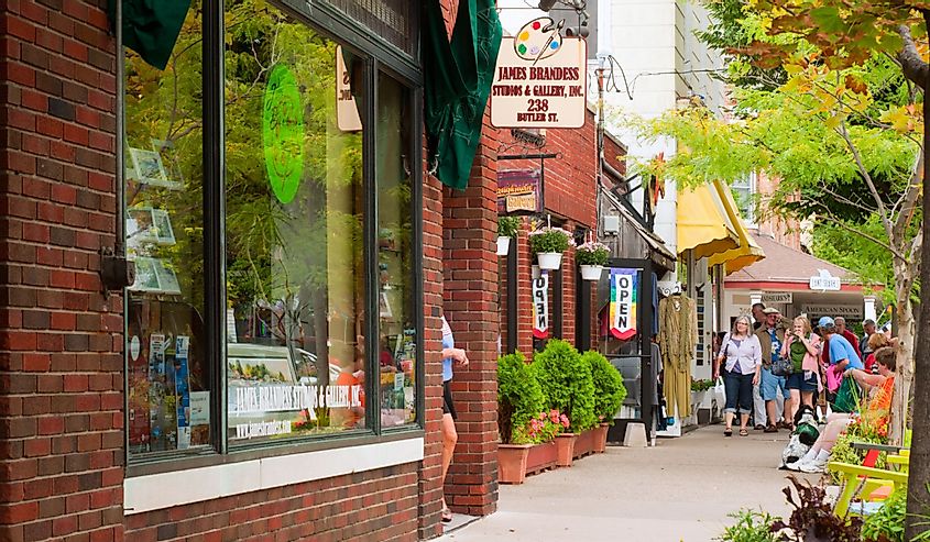 Shops and galleries line Butler Street in Saugatuck, Michigan