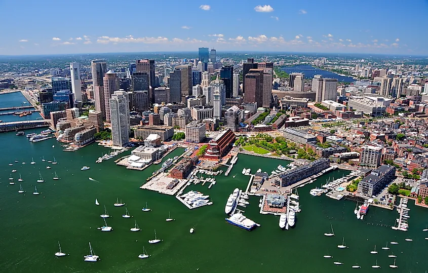 The Boston, Massachusetts skyline along the Charles River.