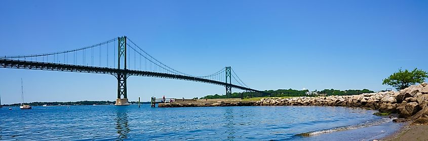 Panoramic view of the Mt. Hope Bridge spanning Narragansett Bay in Bristol, Rhode Island, USA.