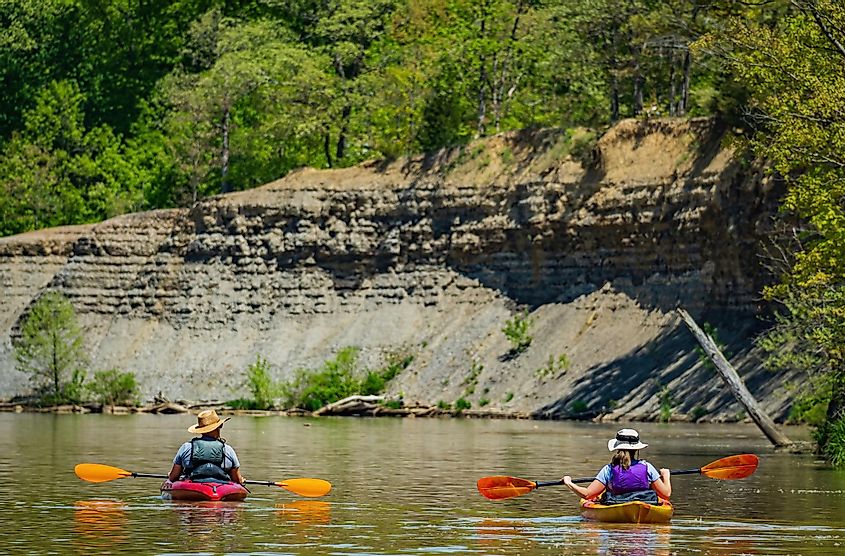 Couple Kayaking on Lake With Rocky Cliffs in Background, Summer Day, Alum Creek, Columbus Ohio