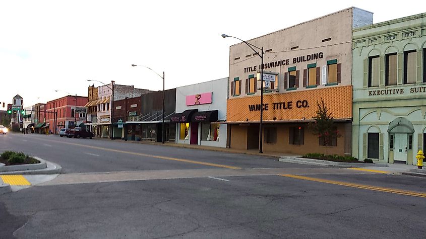 Storefronts on the Main street in Russellville, Arkansas.