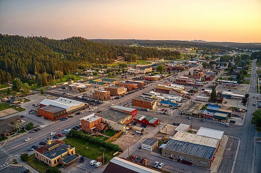 Aerial view of Custer, South Dakota, at sunset.