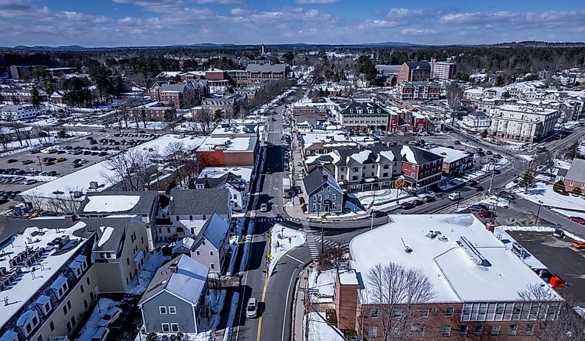 Aerial view of college town in winter, University of New Hampshire and Durham
