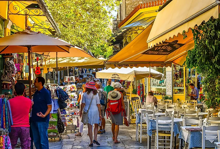 A crowded street on a hot summer day in Athens, Greece.