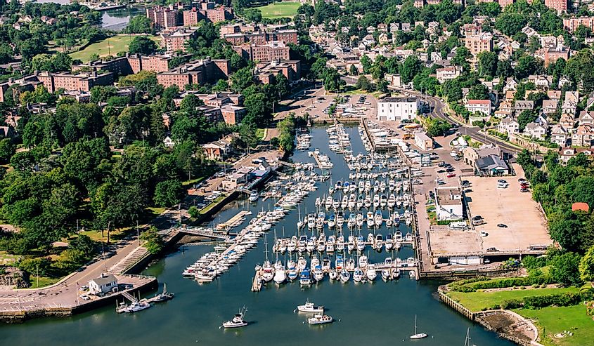 Aerial view of New Rochelle New York marina with boats and water. 