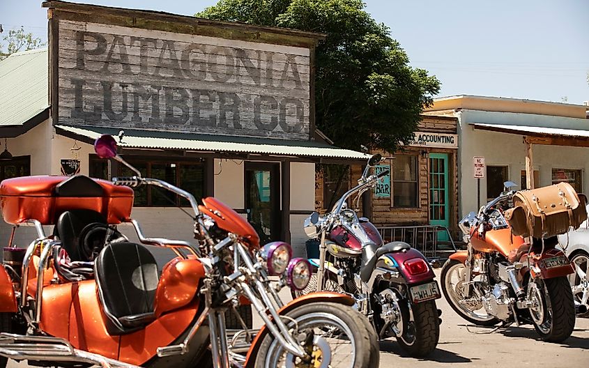 Motorcycles frame the historic downtown core of Patagonia, Arizona.