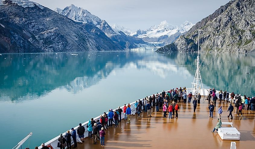 Cruise ship passengers get a close-up view of the majestic glaciers as they sail in Glacier Bay National Park and Preserve in Southeast Alaska.