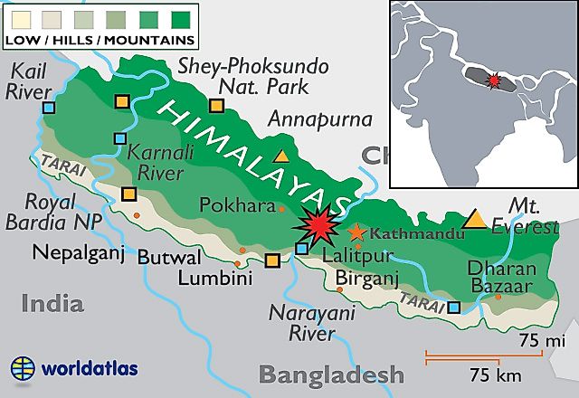 Map showing the epicenter of the April 2015 Nepal earthquake between Kathmandu and Pokhara.
