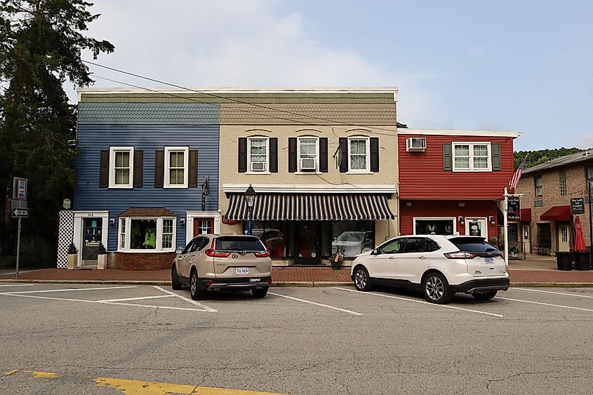 Historic buildings along the main street in Occoquan Historic District, Virginia.