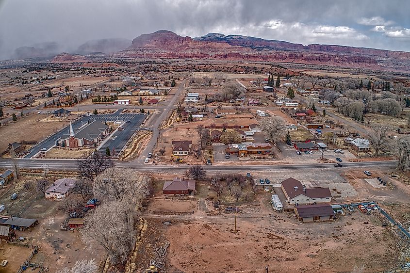 Aerial view of Torrey, Utah, in early spring.