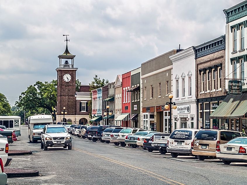 A view looking down Front Street with shops and the Old Market Building in Georgetown, South Carolina