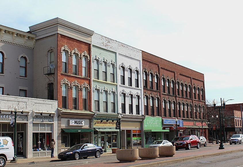 Historic buildings line West Michigan Avenue in Ypsilanti, Michigan