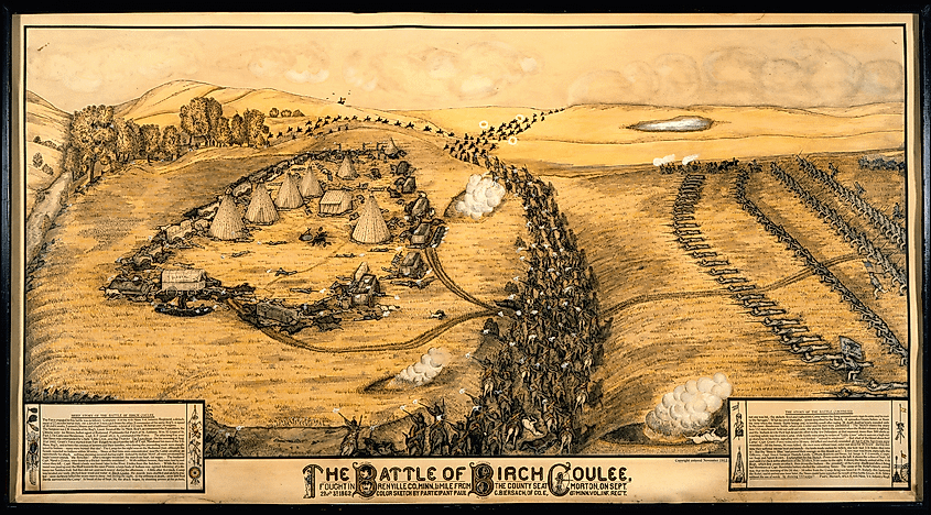 Lithograph depicting the Battle of Birch Coulee