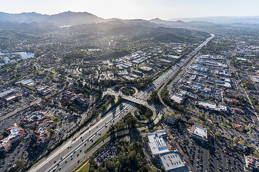 Aerial view of 101 Freeway at Weslake Blvd in suburban Thousand Oaks, California