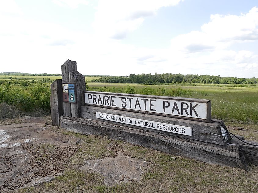 Entrance sign at Prairie State Park near Mindenmines, Missouri.