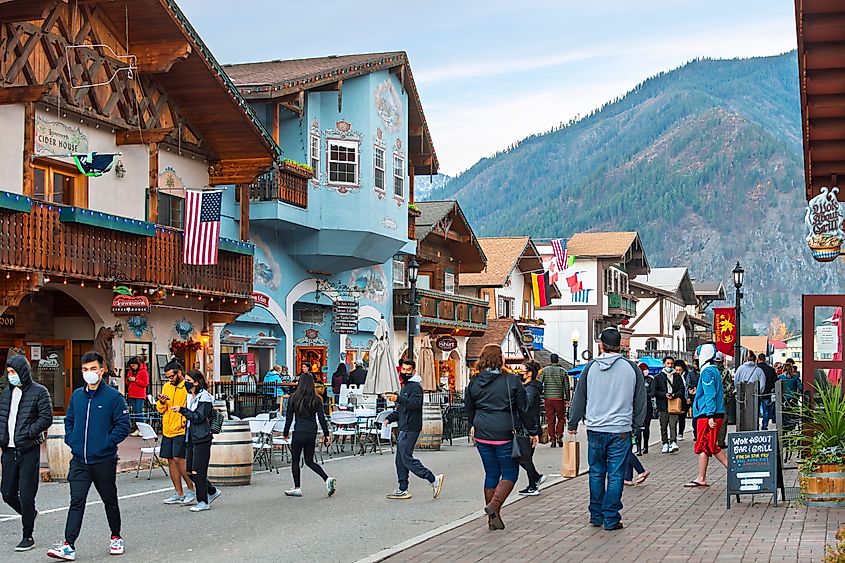 People strolling down the charming downtown streets of Leavenworth, Washington.