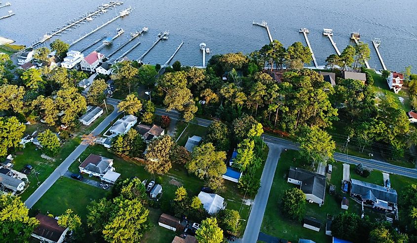 Aerial view of Waterfront homes near Millsboro, Delaware.