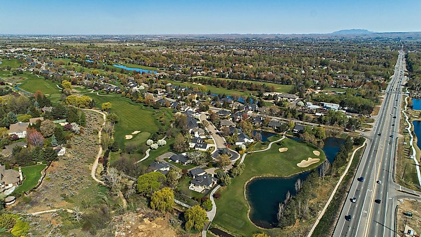 Aerial view of a golf course in Eagle, Idaho.