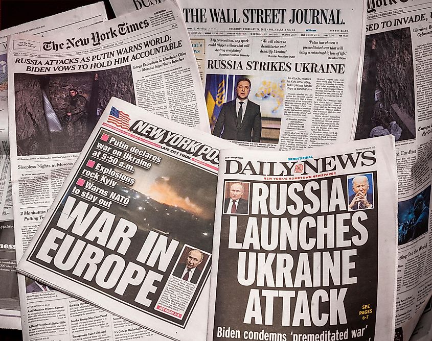 New York newspapers report on the previous nights invasion of Ukraine by Russia.
