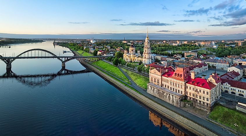 Aerial cityscape of Rybinsk: Volga river 