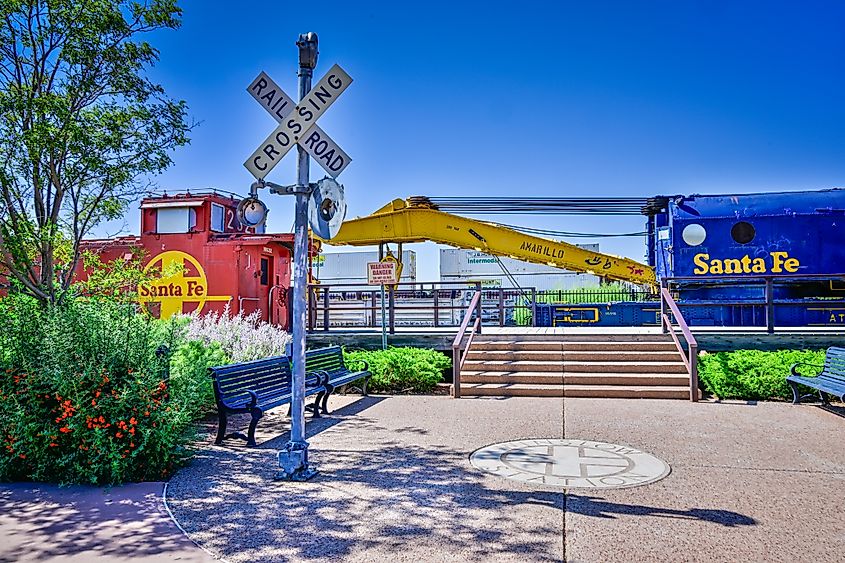 Winslow, AZ USA - September 2, 2024: First Street Pathway Park features a six-block landscaped walkway showcasing local history and culture while running parallel to the BNSF Railway tracks.
