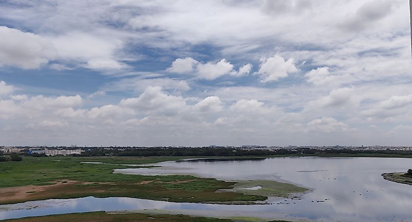 A view of Bellandur lake with low hung clouds in Bengaluru.