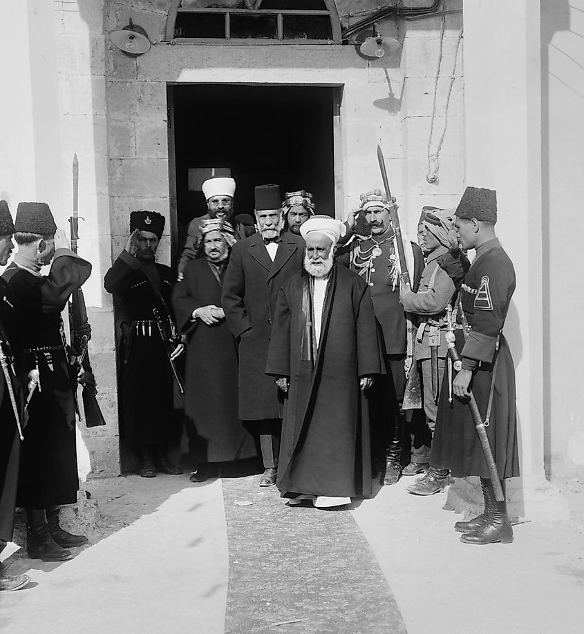 Hussein bin Ali, Sharif of Mecca, leads a group from in Amman, Trans-Jordan, 1921.