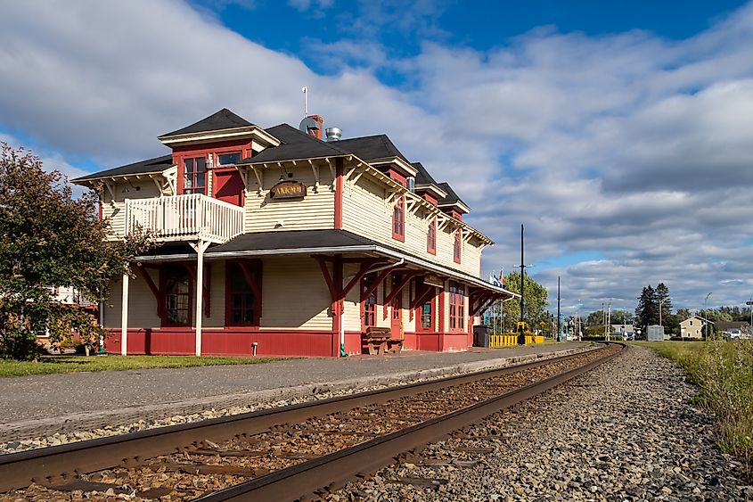 View of the train station and railway in Amqui, Quebec