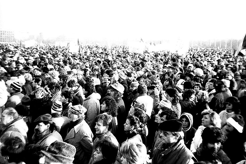 Protesters in Prague during the Velvet Revolution.