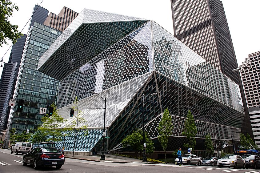 The angular glass-and-steel exterior of the Seattle Central Library in downtown Seattle.