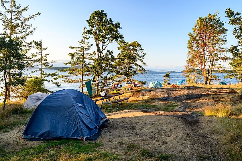 The Ruckle Provincial Park surrounded by tents and sea in Salt Spring Island, Canada