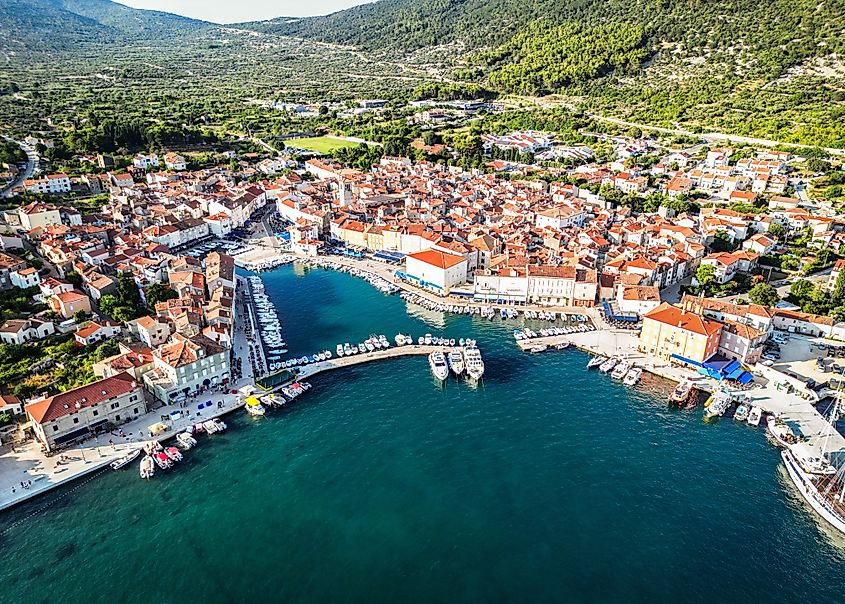 Cres town port aerial photo in the northern part of Adriatic, Croatia.