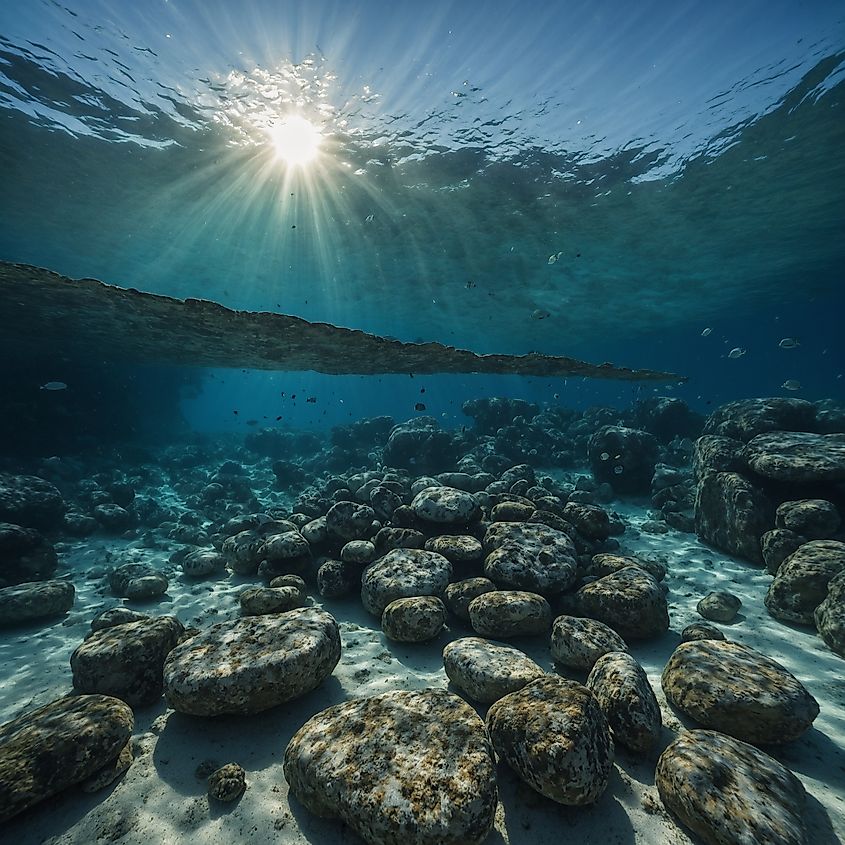 Bimini Road is an underwater rock formation located off the coast of North Bimini Island in the Bahamas. The structure consists of large, rectangular limestone blocks arranged in a linear pattern.