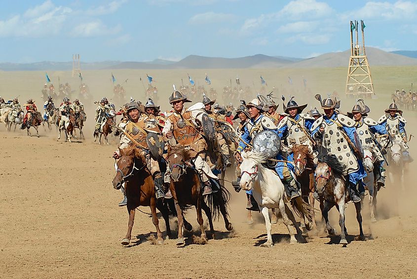 Mongolian horse riders take part in the traditional historical show of Genghis Khan era in Ulaanbaatar, Mongolia.